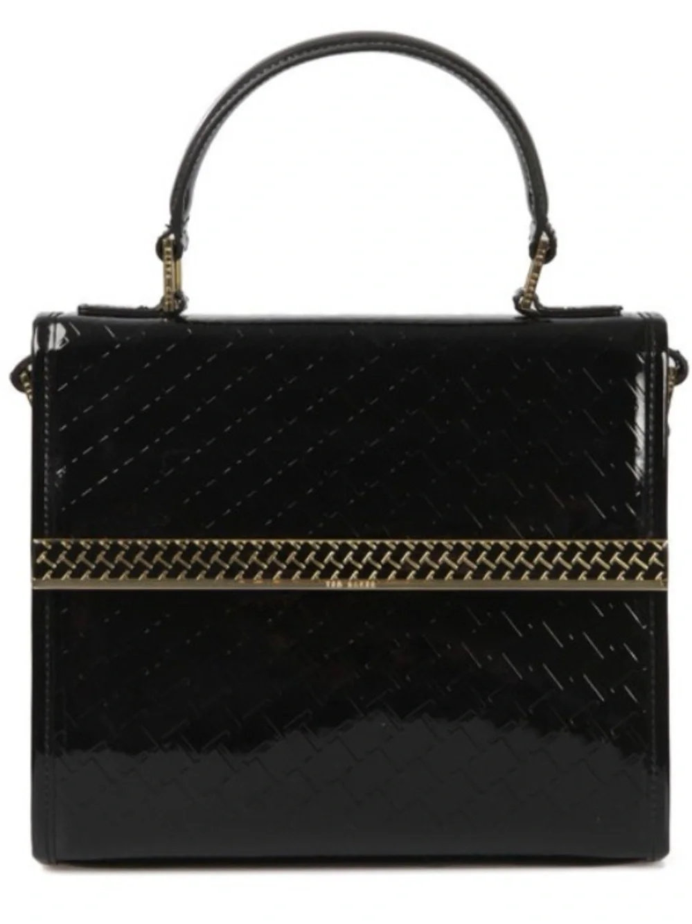 NWOT Ted Baker Black Patent leather Top-Handle Crossbody Bag with Gold Trim